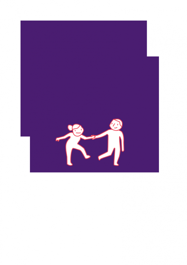 disegno con donna e uomo che si tengono per la mano su sfondo viola
